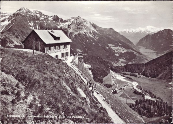 Berninabahn. Restaurant Belvédère Blick ins Puschlav