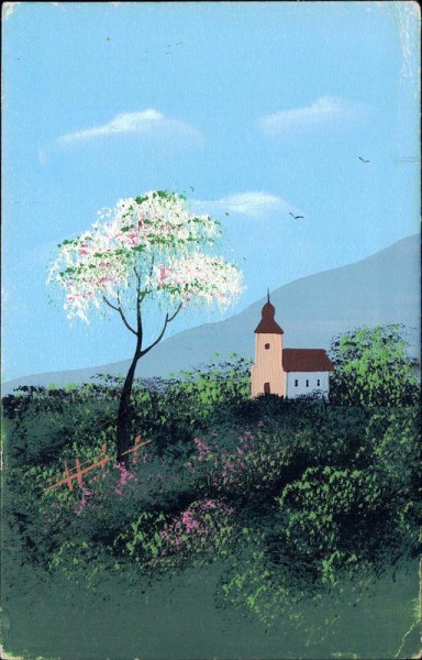 Kirche und blühender Obstbaum Vorderseite