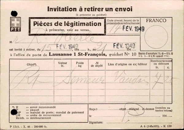 Invitation à retirer un envoi Vorderseite