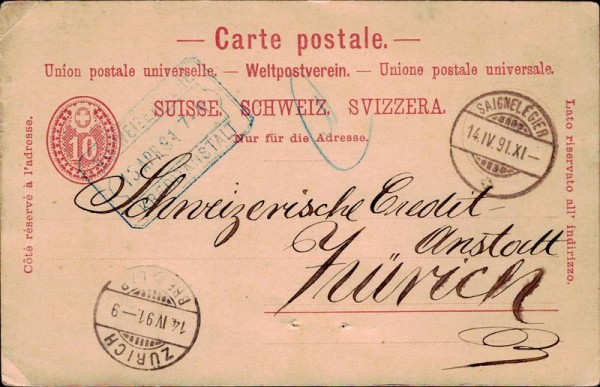 Postkarte von 1891 Vorderseite