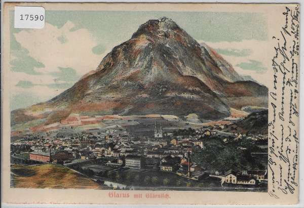 Glarus mit Glärnisch Litho Präge-Relief-Litho 1906