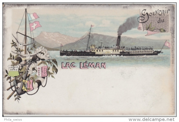 Lac Léman - Dampfschiff, Bateau à vapeur - farbige Litho